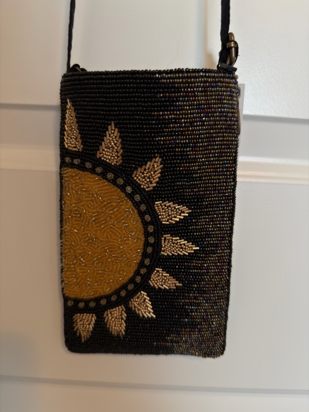 Bamboo Club Bag. Beaded Sun Motif Crossbody Bag - Black & Gold